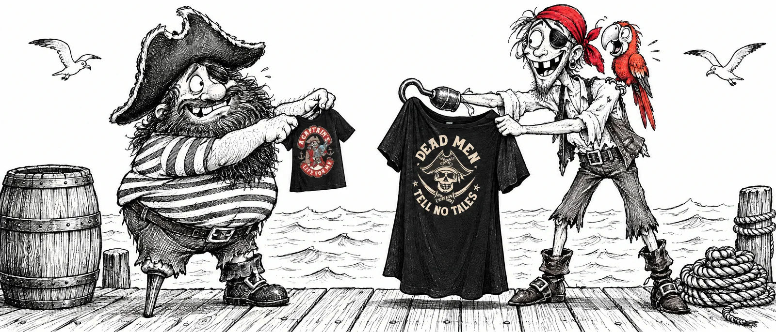 Two cartoon pirates on a dock trading Corner of Main tees: a round pirate holds up a tiny A Captain's Life for Me shirt, a skinny pirate holds up a huge Dead Men Tell No Tales shirt.